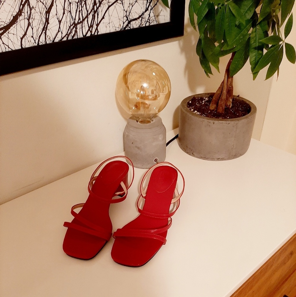 red stringy mule heel sandals